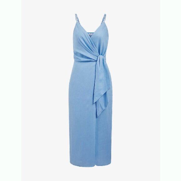 New REISS Esme Blue Linen Side Tie Cross Over Dress US 4 - Picture 2 of 8